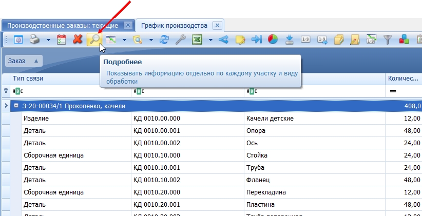 Переход из окна "График производства" в его вариант "Подробно" и обратно.
