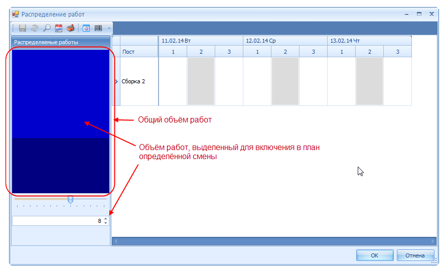 Окно Распределение работ
