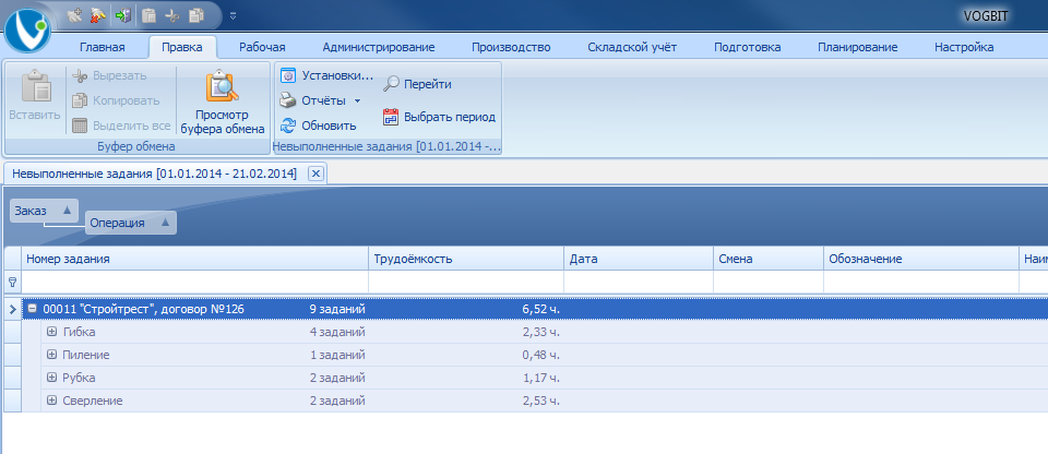 Невыполненные задания по заказу и видам обработки
