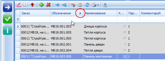 Включена сортировка по колонке (по возрастанию)

