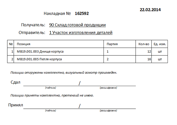 Пример накладной в виде документа для печати
