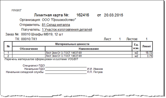 Пример ЛЗК в виде документа для печати.
