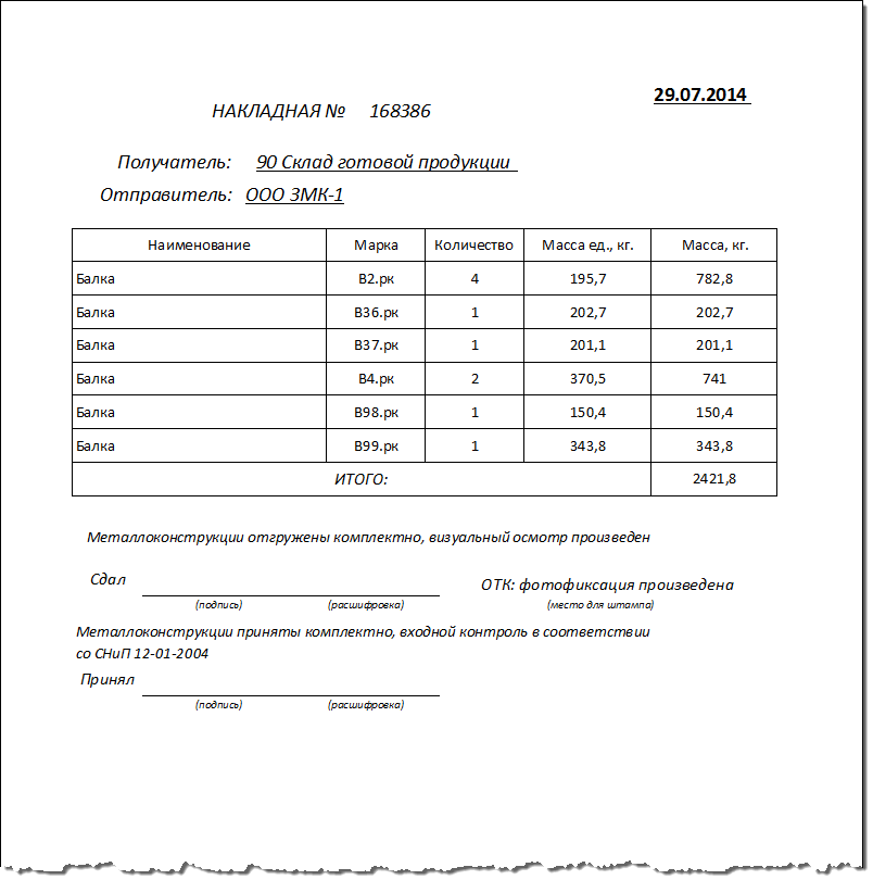 Документ о передаче продукции на склад.
