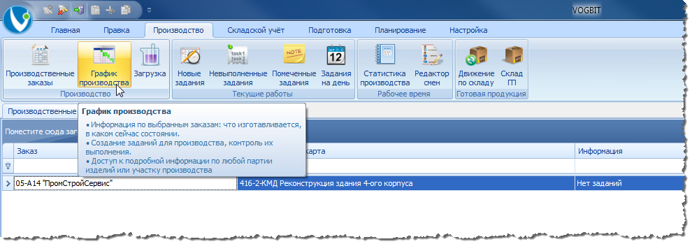 Переход к режиму График производства.
